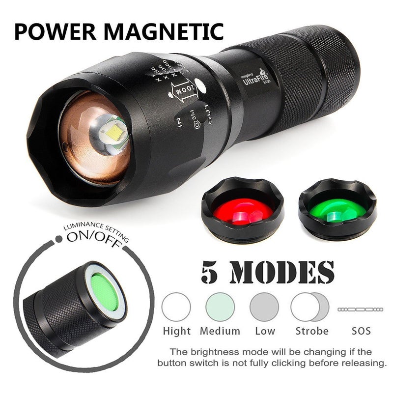 ULTRAFIRE 2 Pack A100 LED Hunting Flashlight,800 Lumen 3-Color-Light Tactical Flashlight 5 Modes Zoomable Small LED Hand held Flashlights (White Light/RED Light/Green Light) - Image 2